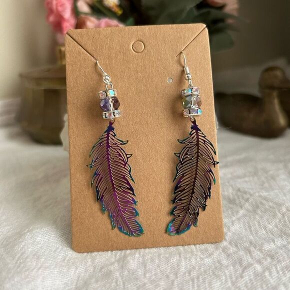 Iridescent Rainbow Feather Dangle Rhinestone Earrings .925 Sterling Silver - Picture 3 of 6